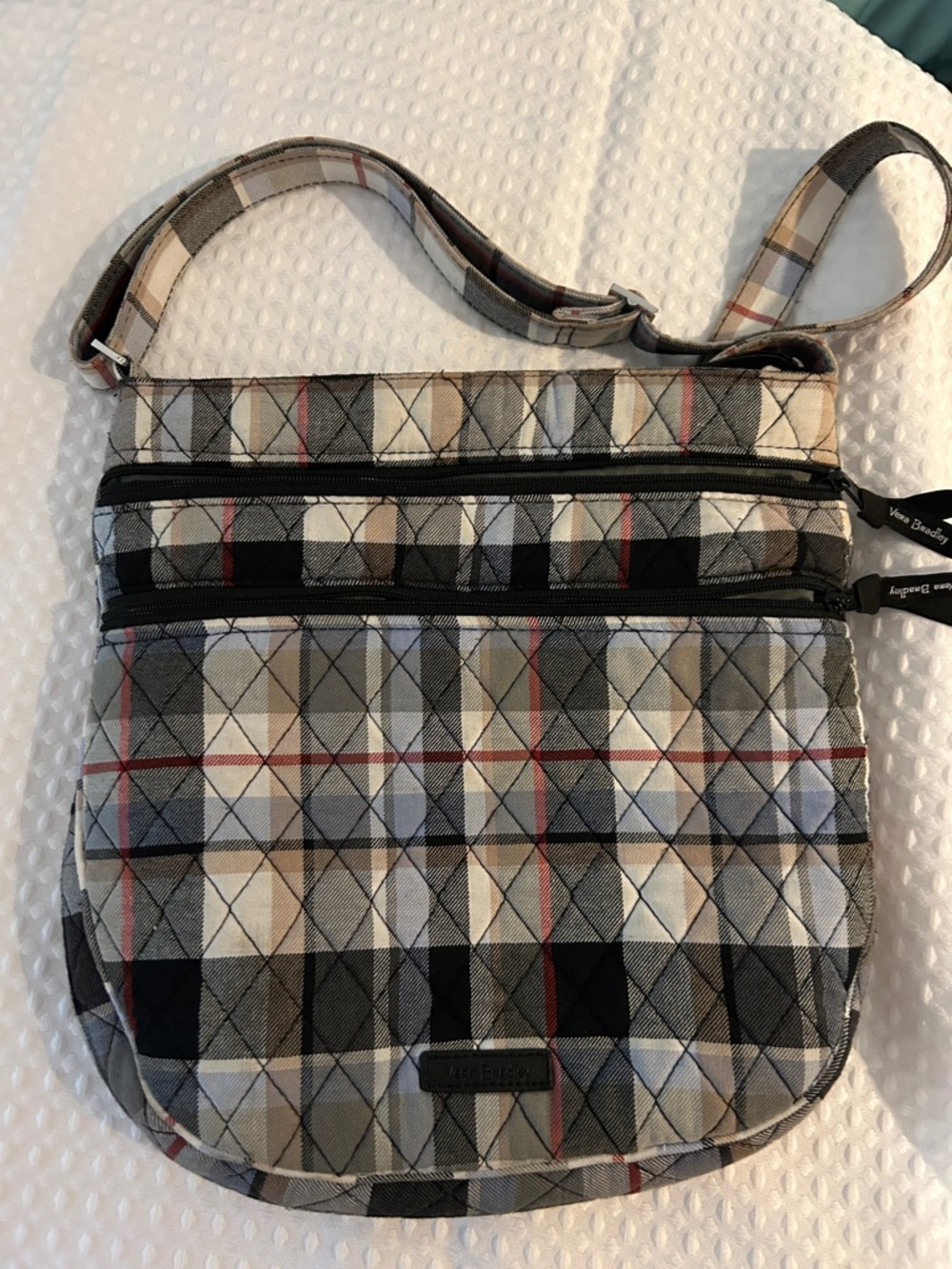 Vera Bradley Quilted Crossbody Bag - Beige Gray Black with Red Accents